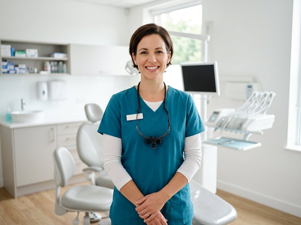 Friendly professional dentist smiling in a bright modern clinic